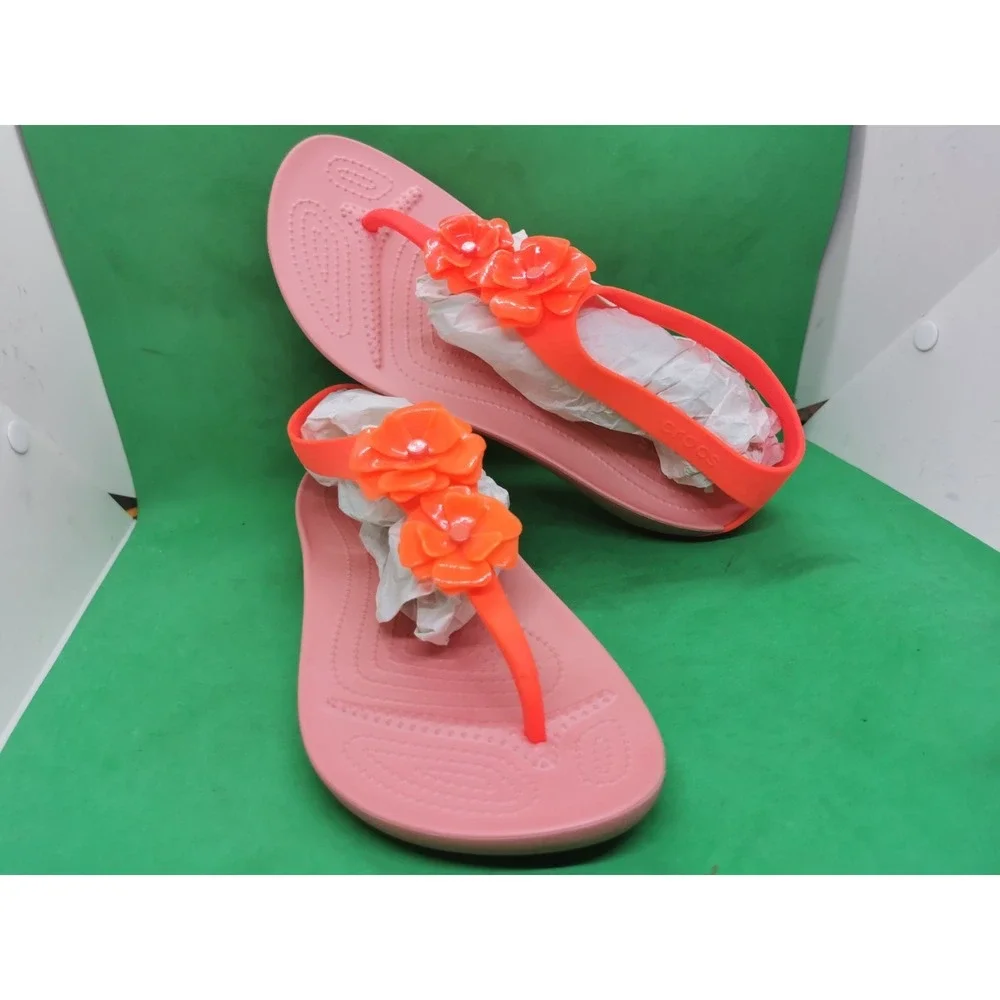 Crocs Serena Flower Embellished Flip Sandal Womens Siz 11 Bright Coral/Melon NEW